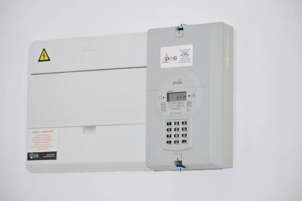 Close-up of a domestic fuse board with circuit breakers